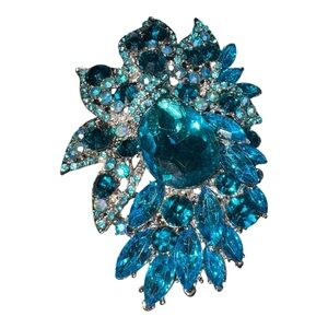 Vintage Teal Rhinestone Brooch Large Statement Blue Crystal -J43